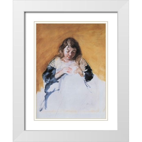Young Girl In Blue 1908 White Modern Wood Framed Art Print with Double Matting by Cassatt, Mary