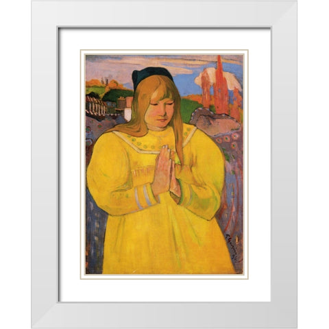 Breton Woman In Prayer White Modern Wood Framed Art Print with Double Matting by Gauguin, Paul