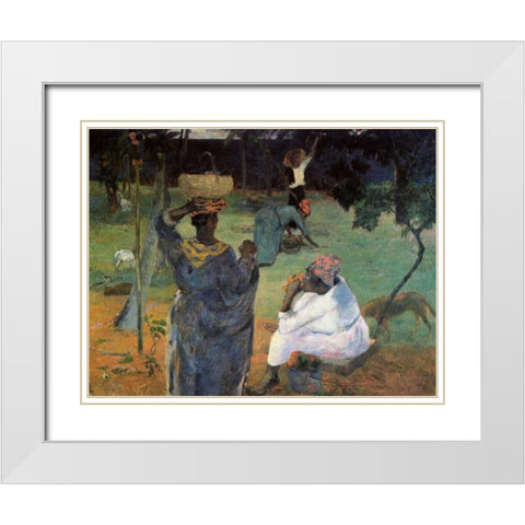 Gathering Fruit White Modern Wood Framed Art Print with Double Matting by Gauguin, Paul