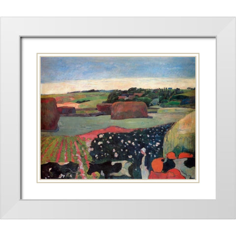 Haystacks In Brittany White Modern Wood Framed Art Print with Double Matting by Gauguin, Paul