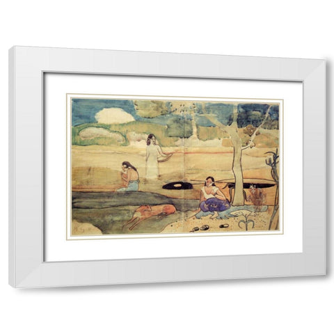 Tahitian Scene White Modern Wood Framed Art Print with Double Matting by Gauguin, Paul
