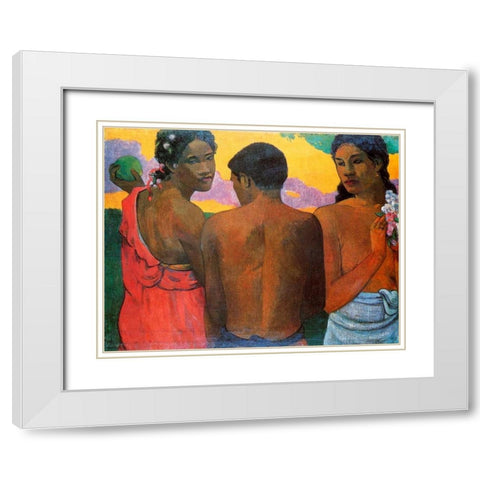 Three Tahitians White Modern Wood Framed Art Print with Double Matting by Gauguin, Paul