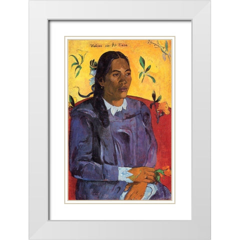 Woman With A Flower White Modern Wood Framed Art Print with Double Matting by Gauguin, Paul