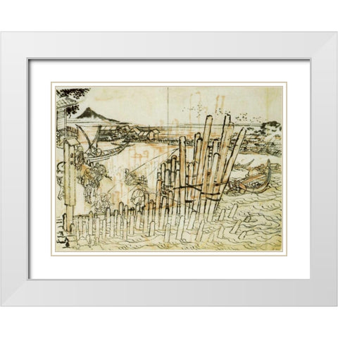 Fishing At Shimadagahana 1833 White Modern Wood Framed Art Print with Double Matting by Hokusai
