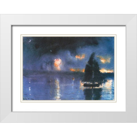 Sailboat And Fourth Of July Fireworks White Modern Wood Framed Art Print with Double Matting by Homer, Winslow