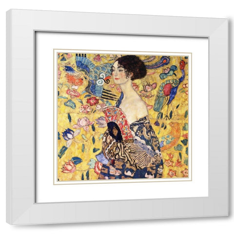 Lady With Fan White Modern Wood Framed Art Print with Double Matting by Klimt, Gustav