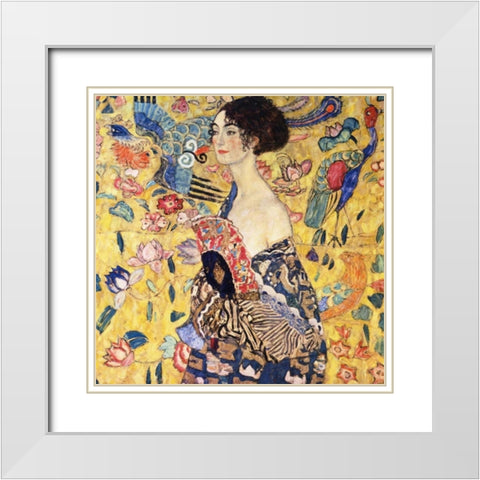 Lady With Fan White Modern Wood Framed Art Print with Double Matting by Klimt, Gustav