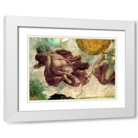 The Creation Of Heavenly Bodies God Creating The Moon And Sun Detail White Modern Wood Framed Art Print with Double Matting by Michelangelo