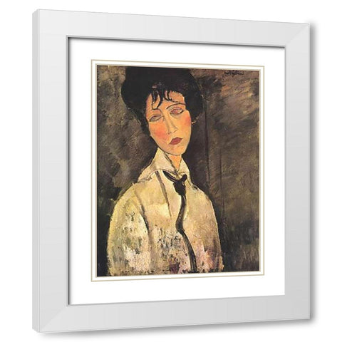 Lady With Black Tie White Modern Wood Framed Art Print with Double Matting by Modigliani, Amedeo