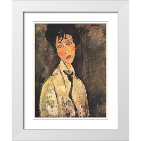 Lady With Black Tie White Modern Wood Framed Art Print with Double Matting by Modigliani, Amedeo