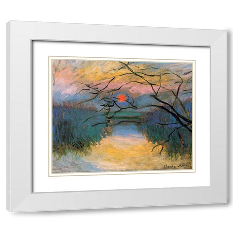 Coucher de soleil sur la Seine a Vetheuil White Modern Wood Framed Art Print with Double Matting by Monet, Claude