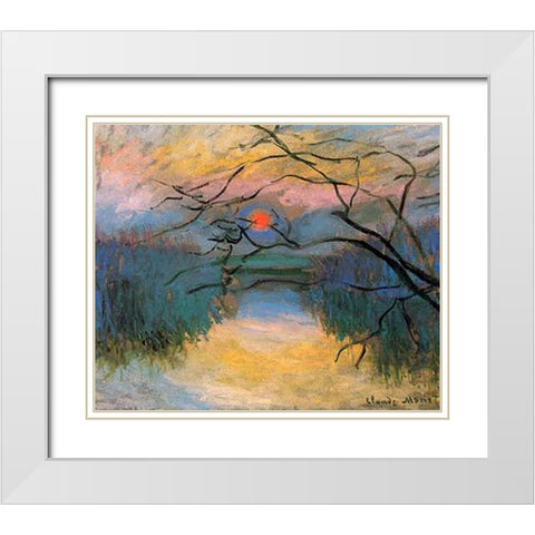 Coucher de soleil sur la Seine a Vetheuil White Modern Wood Framed Art Print with Double Matting by Monet, Claude