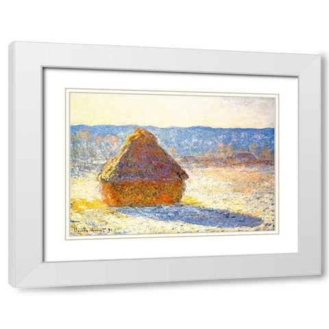 Haystack In Winter 1891 White Modern Wood Framed Art Print with Double Matting by Monet, Claude