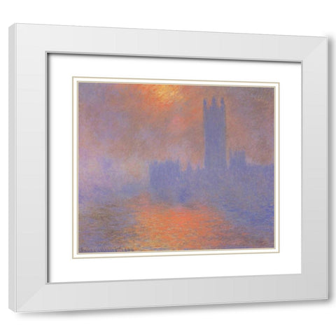 London Parliament With The Sun Breaking Through Fog White Modern Wood Framed Art Print with Double Matting by Monet, Claude