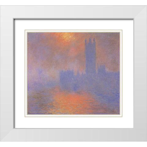 London Parliament With The Sun Breaking Through Fog White Modern Wood Framed Art Print with Double Matting by Monet, Claude