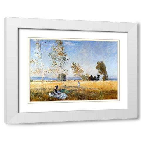 Meadow At Bezons White Modern Wood Framed Art Print with Double Matting by Monet, Claude