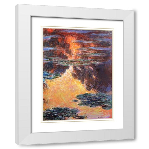 Nympheas Sunset Effect 1907 White Modern Wood Framed Art Print with Double Matting by Monet, Claude