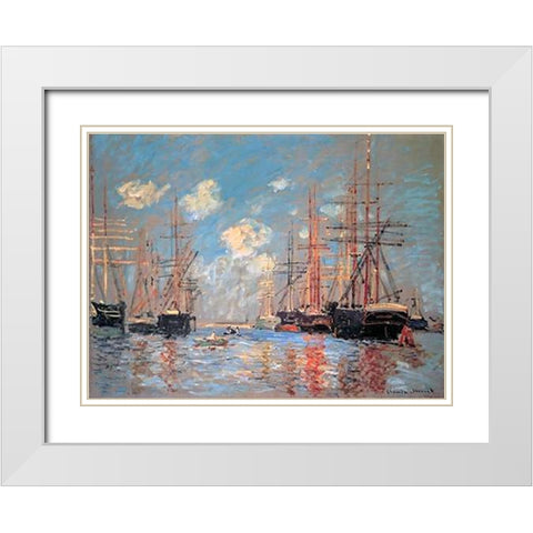 Seascape The Port Of Amsterdam 1874 White Modern Wood Framed Art Print with Double Matting by Monet, Claude