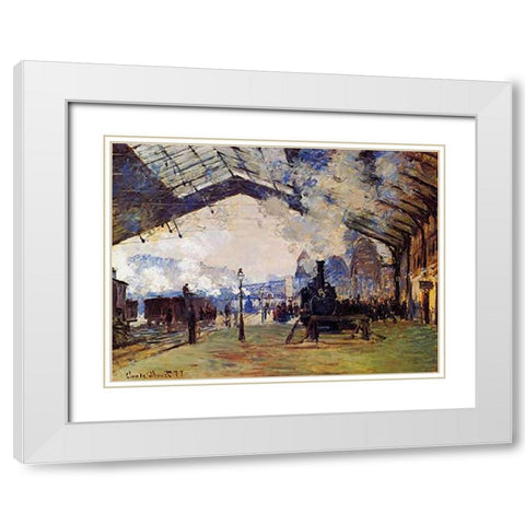 St Lazare Station The Arrival Of The Train From Normandy White Modern Wood Framed Art Print with Double Matting by Monet, Claude