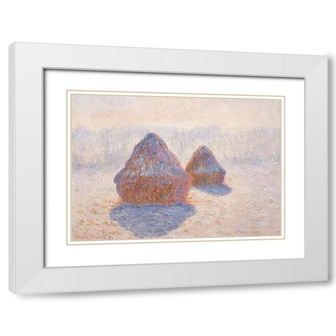 Stacks Of Wheat Winter Effect White Modern Wood Framed Art Print with Double Matting by Monet, Claude