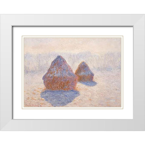 Stacks Of Wheat Winter Effect White Modern Wood Framed Art Print with Double Matting by Monet, Claude