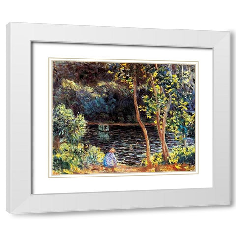 The Artists Floating Studio 1876 White Modern Wood Framed Art Print with Double Matting by Monet, Claude