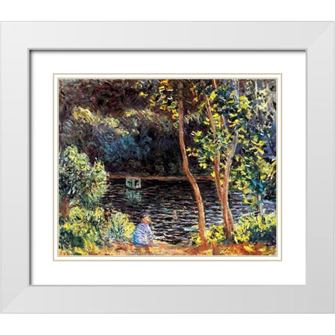 The Artists Floating Studio 1876 White Modern Wood Framed Art Print with Double Matting by Monet, Claude