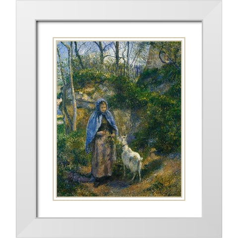 Woman With A Goat 1881 White Modern Wood Framed Art Print with Double Matting by Pissarro, Camille