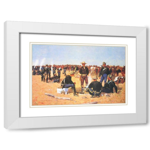 A Cavalrymans Breakfast On The Plains White Modern Wood Framed Art Print with Double Matting by Remington, Frederic