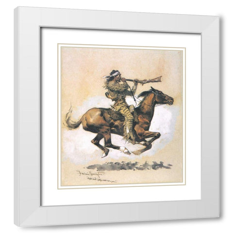 Buffalo Hunter Spitting A Bullet Into A Gun White Modern Wood Framed Art Print with Double Matting by Remington, Frederic