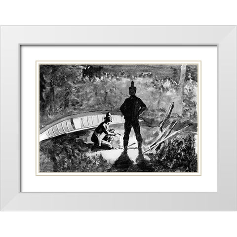 Extemporized Camp On Burnt Island White Modern Wood Framed Art Print with Double Matting by Remington, Frederic