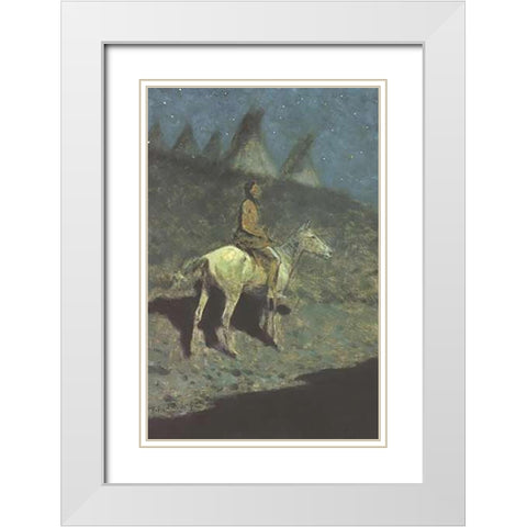 Indian In The Moonlight White Modern Wood Framed Art Print with Double Matting by Remington, Frederic