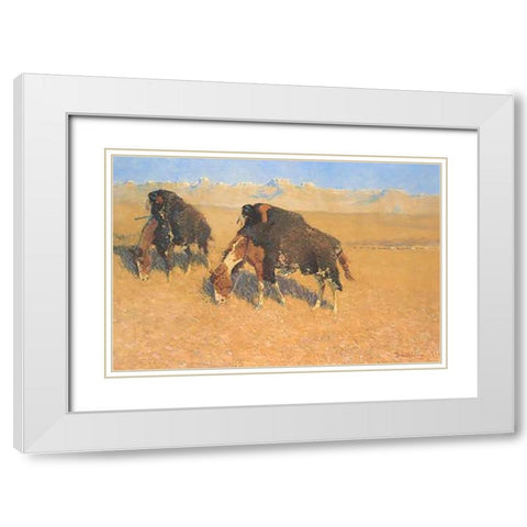 Indians Simulating Buffalo White Modern Wood Framed Art Print with Double Matting by Remington, Frederic