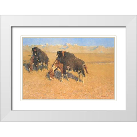 Indians Simulating Buffalo White Modern Wood Framed Art Print with Double Matting by Remington, Frederic