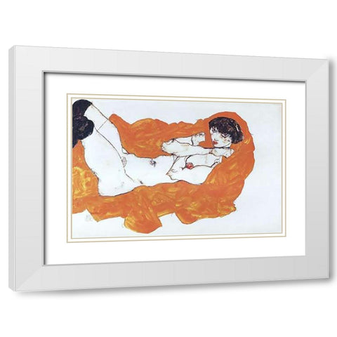 Reclining Female Nude On Red Drape White Modern Wood Framed Art Print with Double Matting by Schiele, Egon