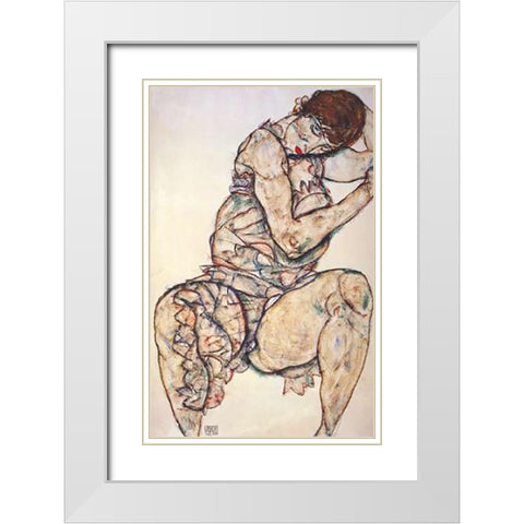 Seated Woman With Left Hand In Hair White Modern Wood Framed Art Print with Double Matting by Schiele, Egon