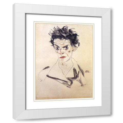Self Portrait Bust White Modern Wood Framed Art Print with Double Matting by Schiele, Egon