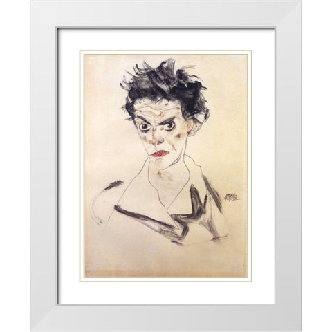 Self Portrait Bust White Modern Wood Framed Art Print with Double Matting by Schiele, Egon