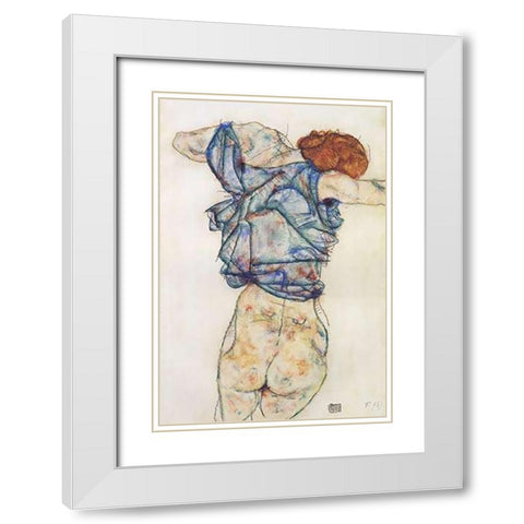 Woman Undressing White Modern Wood Framed Art Print with Double Matting by Schiele, Egon