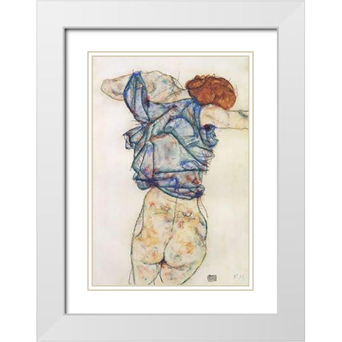 Woman Undressing White Modern Wood Framed Art Print with Double Matting by Schiele, Egon