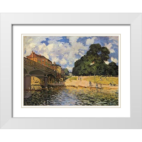 Bridge At Hampton Court White Modern Wood Framed Art Print with Double Matting by Sisley, Alfred