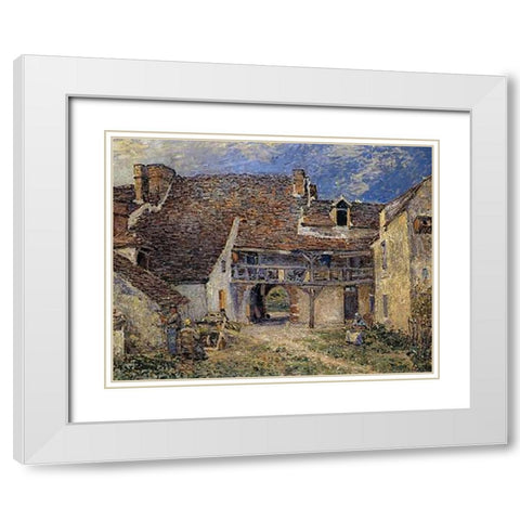 Courtyard Of Farm At St Mammes White Modern Wood Framed Art Print with Double Matting by Sisley, Alfred
