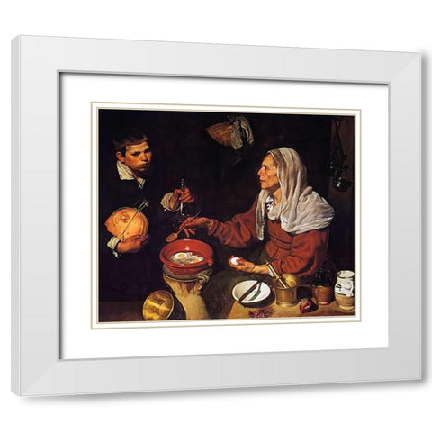 Old Woman Cooking Eggs White Modern Wood Framed Art Print with Double Matting by Velazquez, Diego