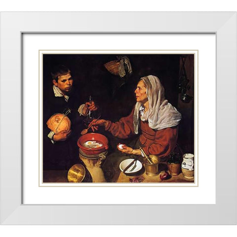 Old Woman Cooking Eggs White Modern Wood Framed Art Print with Double Matting by Velazquez, Diego