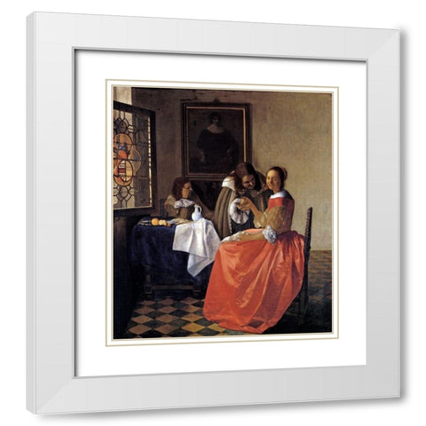 A Lady And Two Gentlemen White Modern Wood Framed Art Print with Double Matting by Vermeer, Johannes