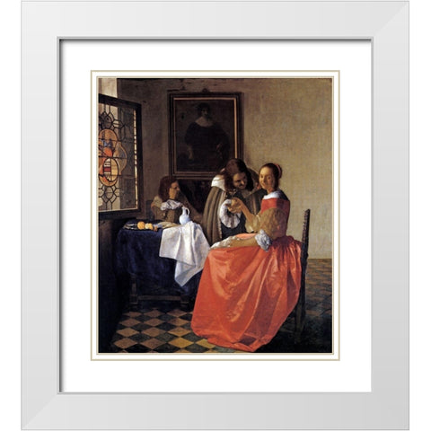 A Lady And Two Gentlemen White Modern Wood Framed Art Print with Double Matting by Vermeer, Johannes
