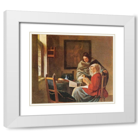 Gentleman And The Girl With Music White Modern Wood Framed Art Print with Double Matting by Vermeer, Johannes