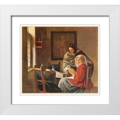 Gentleman And The Girl With Music White Modern Wood Framed Art Print with Double Matting by Vermeer, Johannes