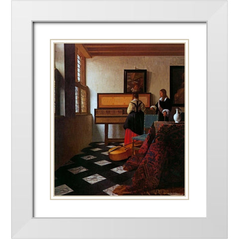 Lady At The Virginals With A Gentleman White Modern Wood Framed Art Print with Double Matting by Vermeer, Johannes
