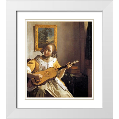 The Guitar Player White Modern Wood Framed Art Print with Double Matting by Vermeer, Johannes